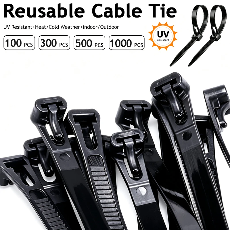 Releasable Tie Wraps Industrial Reusable Cable Ties Self Lock Nylon UV Resistant 40LB Load Indoor Outdoor Wire Ties Organizer