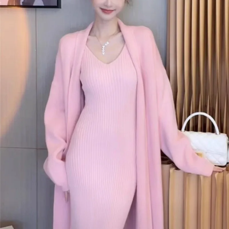 QNPQYX French Women Cardigan Solid Mid-Length Sweater Cardigan Female Jumpers Utumn Graceful Dress Two-piece Set