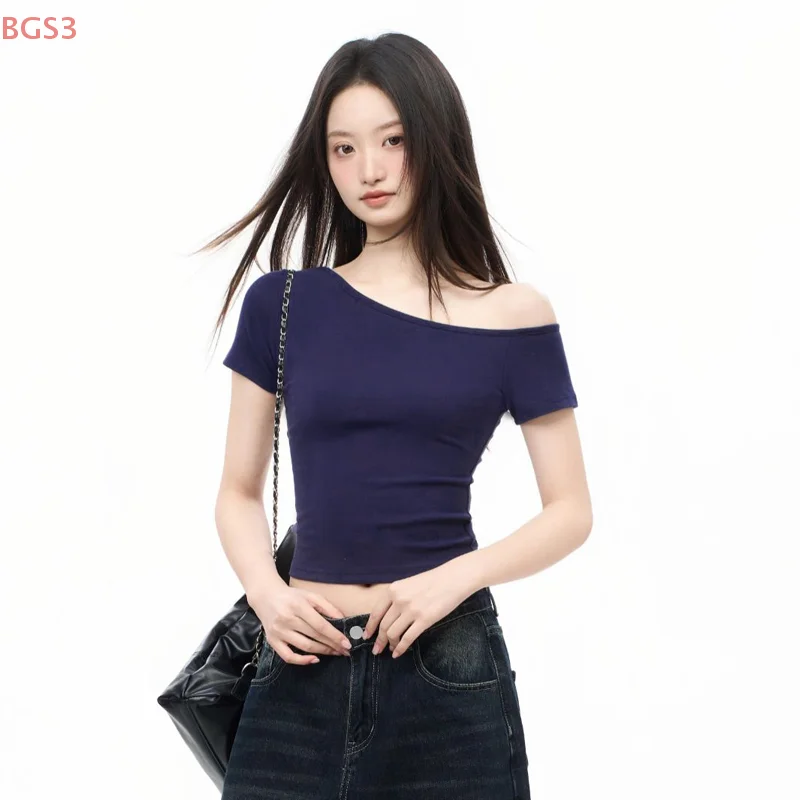 Slant Shoulder Short Sleeve Tops Women Design Summer Solid Color Strapless T-Shirt