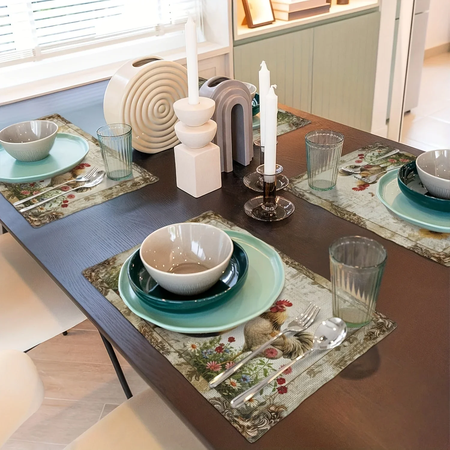 Farmhouse Rooster Placemats Vintage Country Chicken Daisy Flower Design Linen Woven Table Mats Kitchen Machine Washable