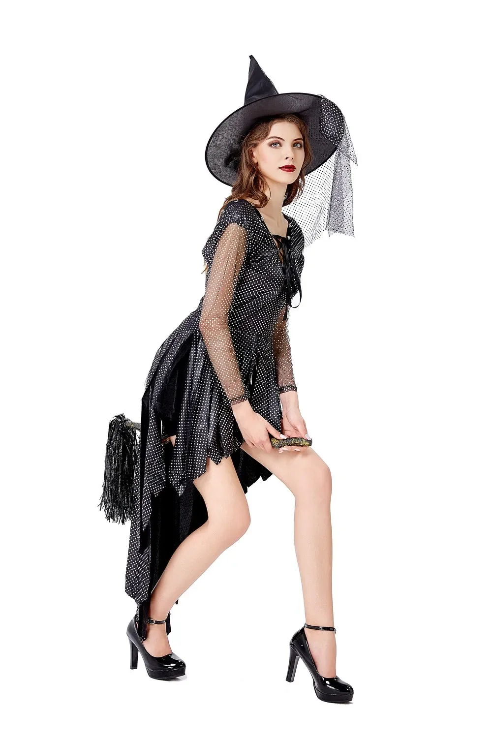 Halloween Party Adult Witch Costume Set Game Long Sleeved Bow Sexy Witch Stage Drama Costume Uniform With Hat & Dress