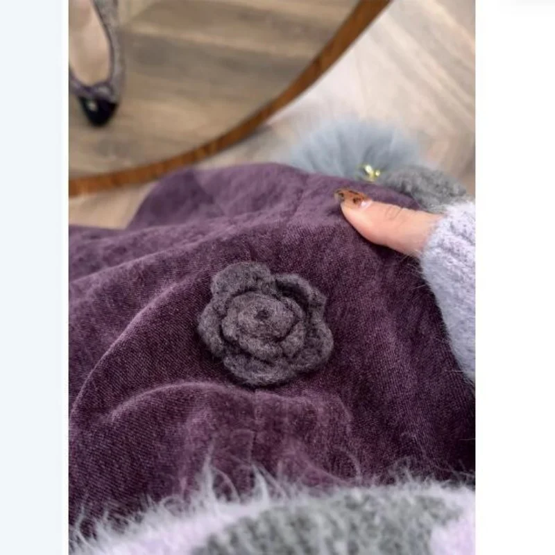 Autumn And Winter Deep Purple Corduroy Three-Dimensional Flower Plate Flower A-Line Fashionable Half Skirt For Women
