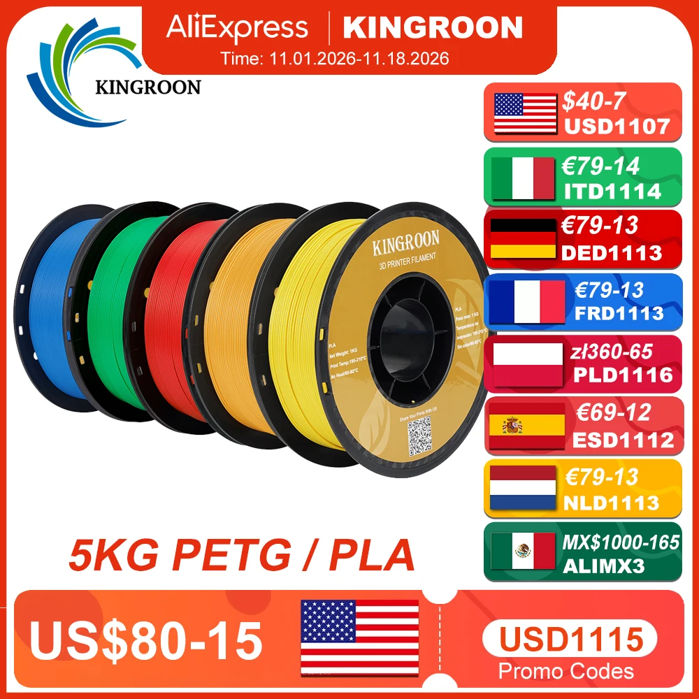 KINGROON 5KG PLA TPU PETG Filament Mix Color 1.75mm 3D Printer Plastic No Bubble Spool 3D Printing Materials Wholesales