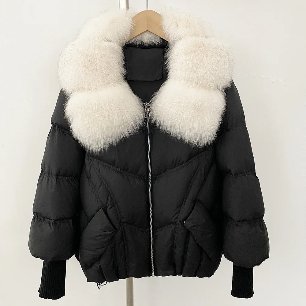 

Natural Fox Fur Collar Warm Knit Sleeve Puffer Jacket Clothes Real Fur Fahsion Duck Down Coat Autumn Winter Down Jacket Women