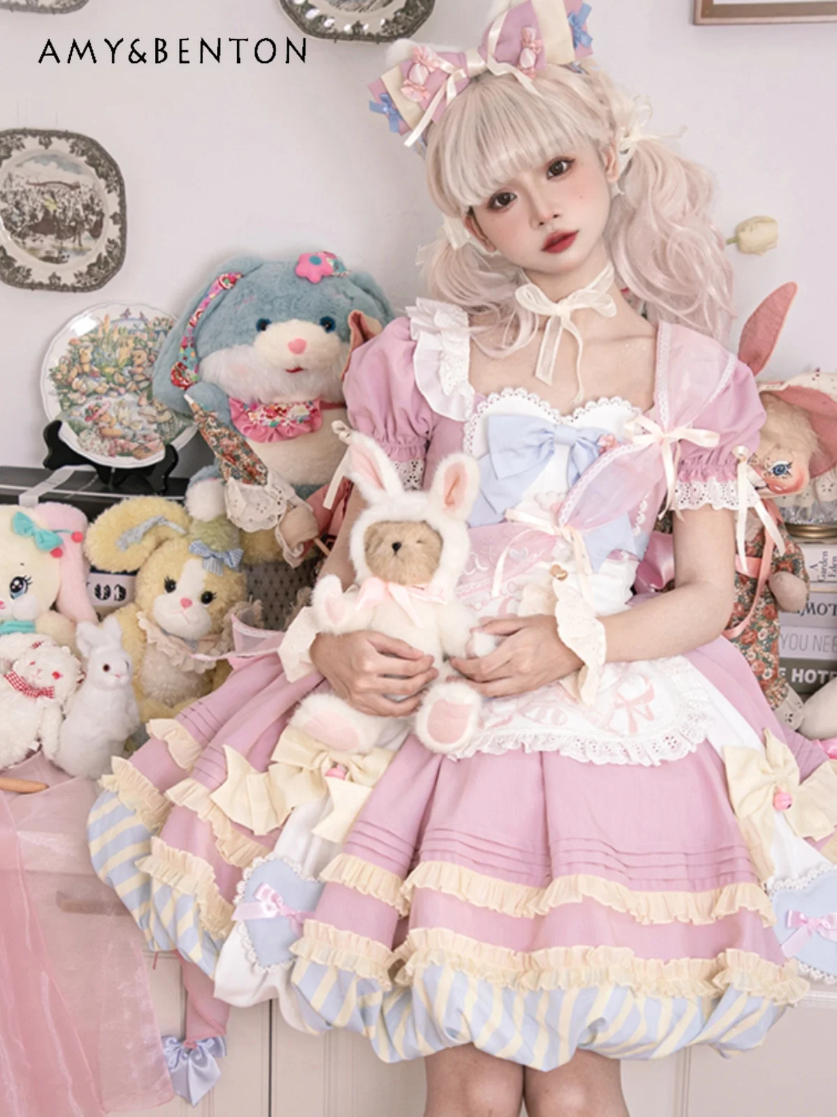 Sweet Girl Lolita Dress Cute Lace Stitching Puff Sleeve Square Collar Bow Ball Gown Dresses Kawaii Patchwork Slim Mini Dress