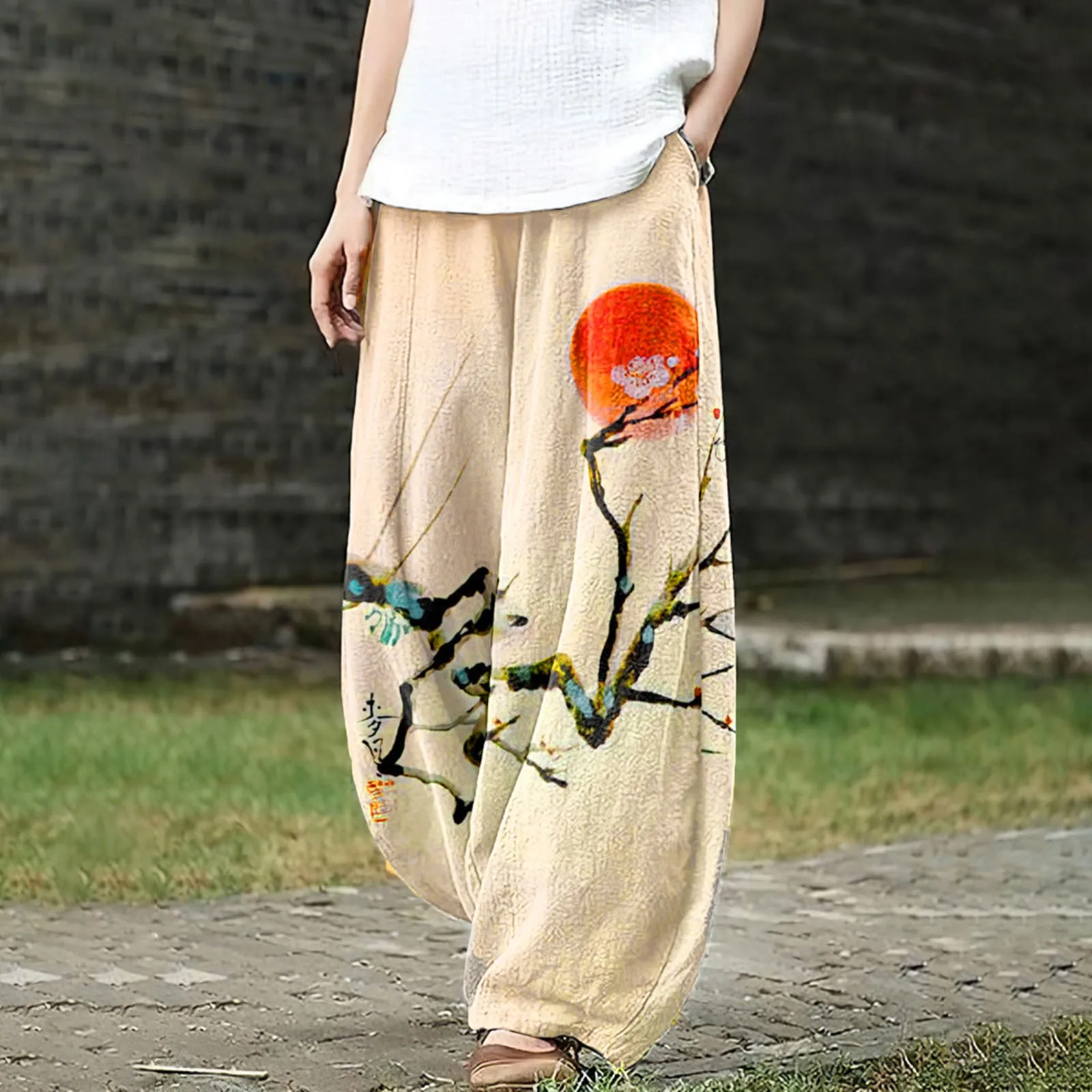 

Retro Oversized Pants Japanese Art Print Women Pocket Loose Casual Pants Floor Slam Pants Female Trousers Streetwear