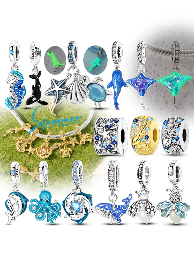 2026 Sommer Charms Perlenanhänger 925 Sterling Silber Ozeanperle Fisch Muschel Schildkröte Charm passend für Armband für Damen DIY Schmuck Geschenk