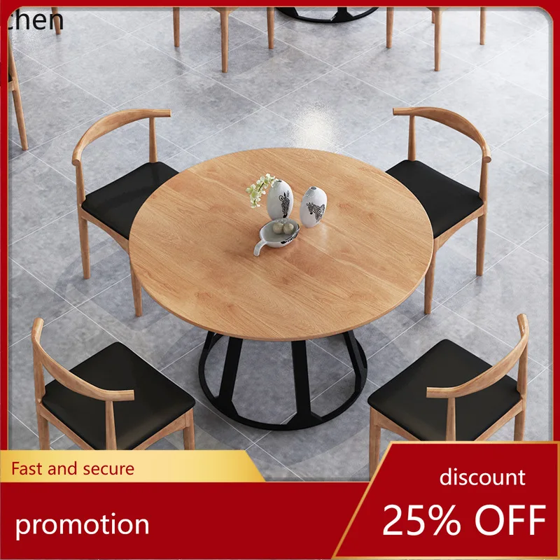 

CZ Solid Wood Round Dining Table Small Apartment Casual Cafe Industrial Style Iron Art Simple Table and Chairs