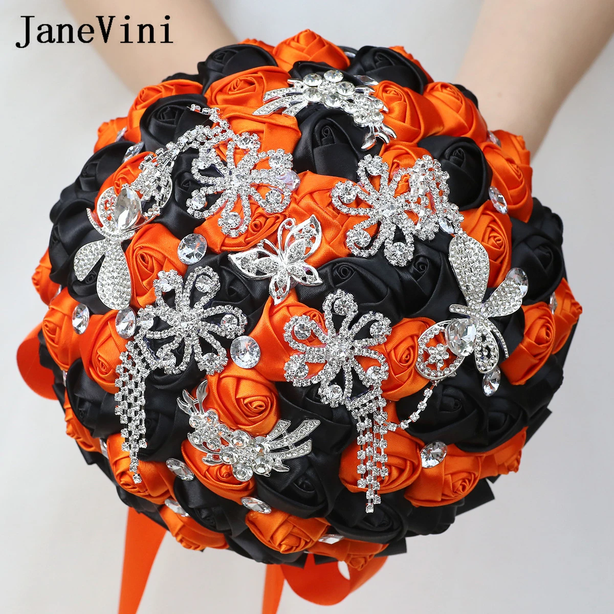 

JaneVini Black and Orange Wedding Bouquet Rhinestones Satin Flowers Silver Crystal Bride Bouquet Bridal Weddings Accessories