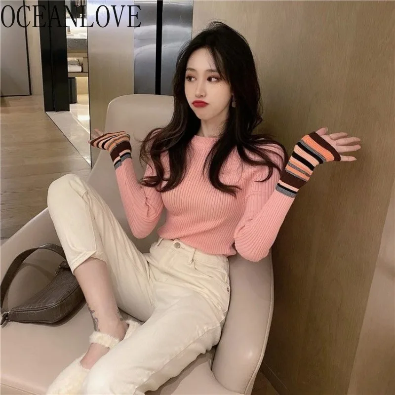 OCEANLOVE Women Sweaters Autumn Winter Stripes Half High Collar Basics Short Pullovers Korean Fashion Casual Slim Pull Femme