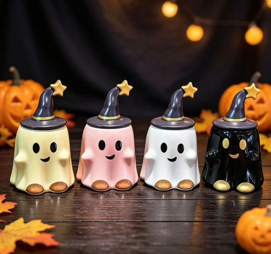 Spooky Cute Ghost Wizard Ceramic Cup With Lid, Halloween Novelty Coffee Tea Mug, Creative Tabletop Decor Drinkware for Home
