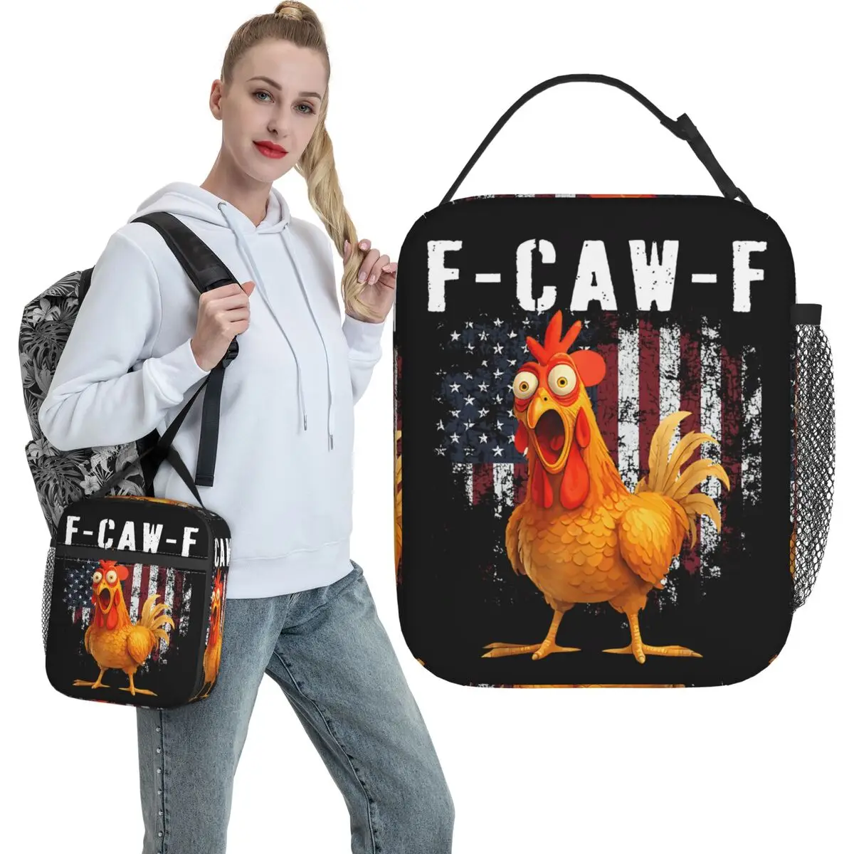 F-Caw-F قميص الدجاج FCAWF الدجاج خمر أمريكا العلم حقيبة الغداء السفر علب الاغذية للنساء الجمالية مصمم حمل أكياس الغذاء
