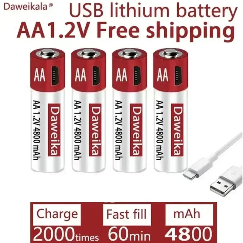 AA rechargeable lithium battery, 1.2V USB rechargeable AA battery, AA, 4800mAh, toy mouse remote control, free delivery CE  FCC