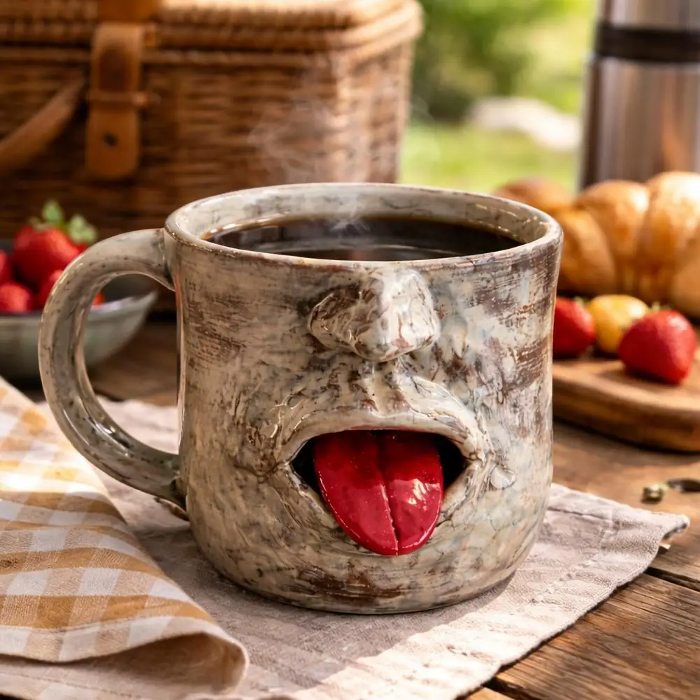 

Handcrafted Tongue Ceramic Mug Large Capacity with Funny Face Design Coffee Milk Tea Drinkware Gift for Couple Friend Family