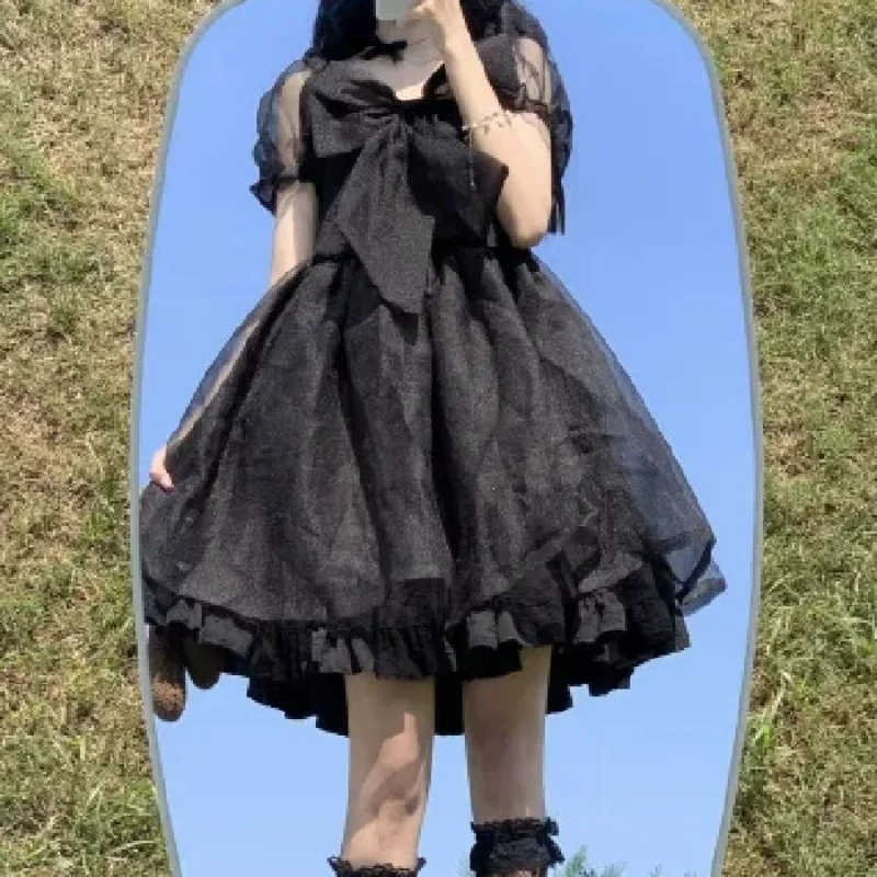 

2025 New Japanese Sweet Lolita Dress Women Kawaii Bow Puff Sleeve White Princess Dress Ladies Summer Korean Ball Gown Mini Dress