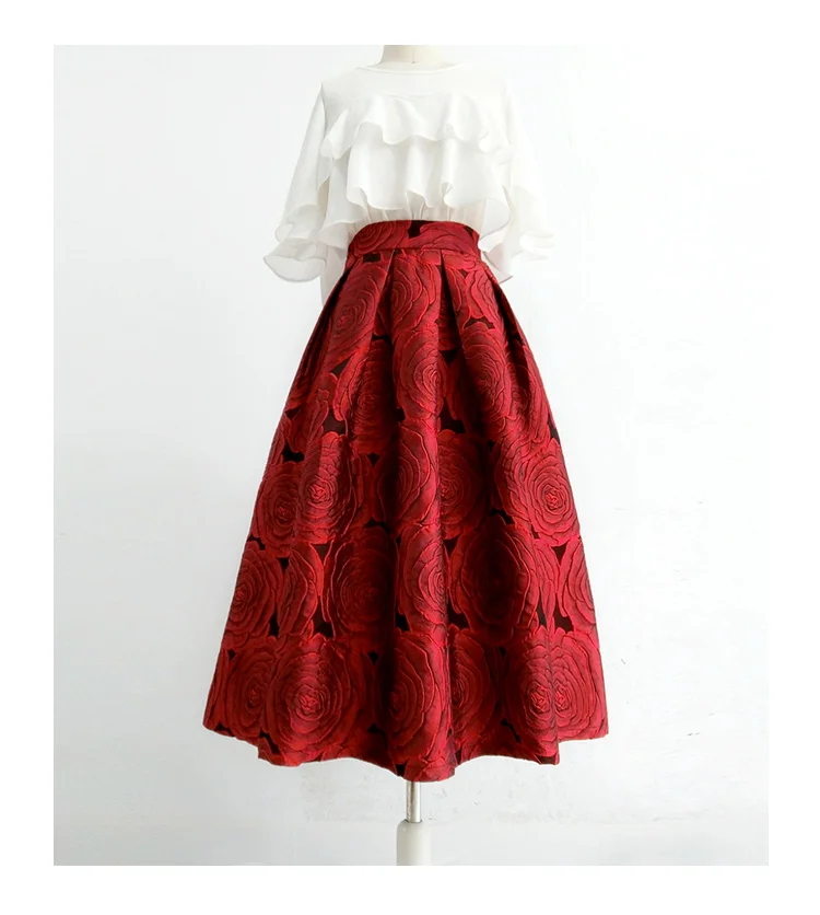 春と秋の新作レディースハーフ丈スカート、レトロAライン通勤ジャカードミディ丈パフスカート