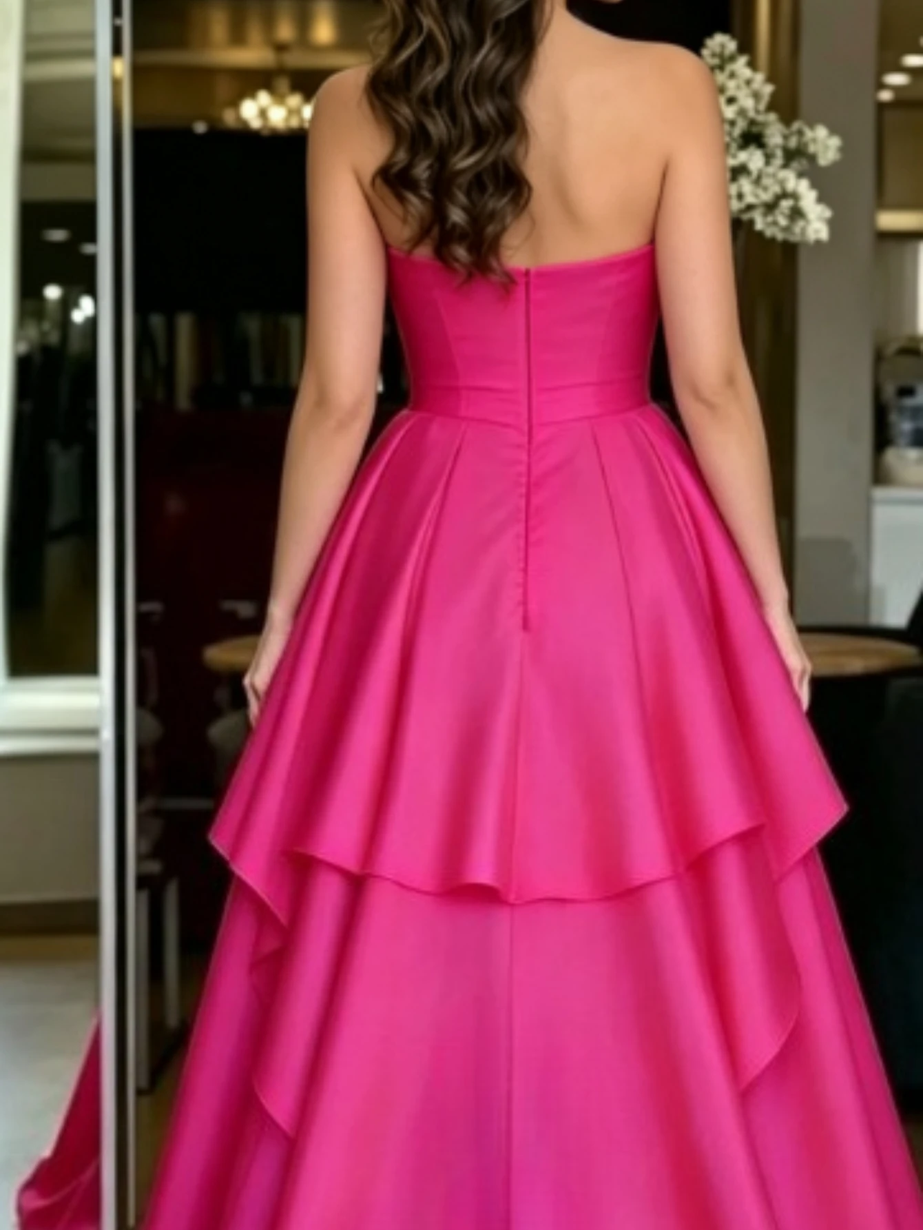 Customized Exquisite Fuchsia Strapless Multi Layer Satin A-line Evening Dresses 2026 new Elegant Guest Floor Length prom dress