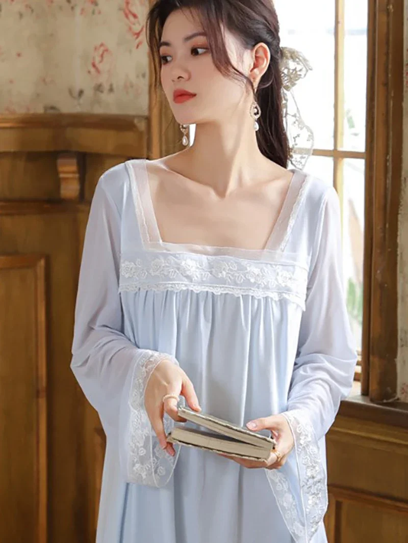 Women Romantic Victorian Cotton Fairy Night Dress Sexy Lace Long Sleeve Peignoir Vintage Nightgowns Sweet Princess Sleepwear