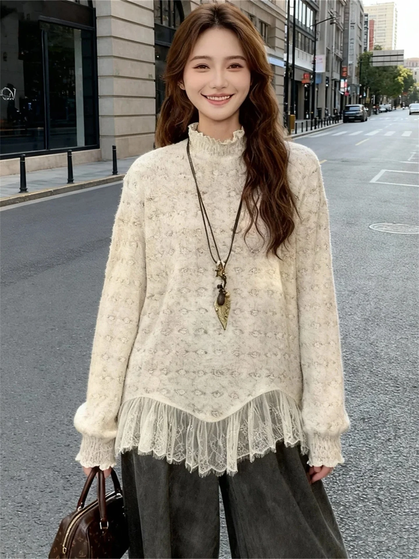 

Korean Sle Thiened High Collar Tassel Sweater Women's Faionable Beautiful Splicing Knitted irt White Enhancing