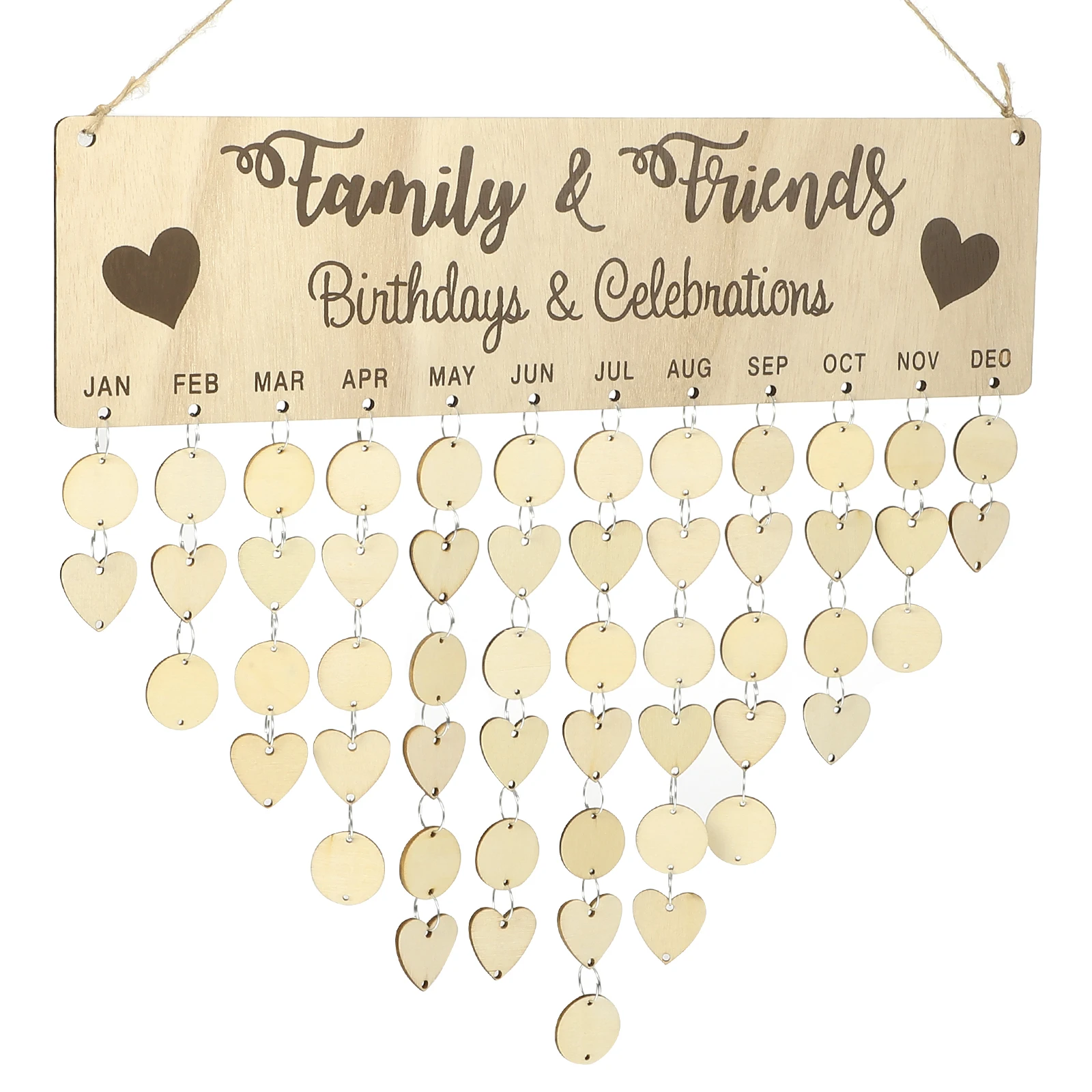 

1 Set Birthdays Celebration Reminder Calendar Board Wooden Slices Hanging Calendar Heart Shaped Pendants Hanging Calendar