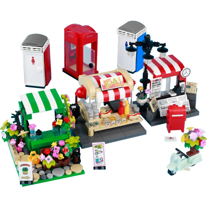 City Modern MOC Scene Building Blocks Flower Shop Garden Game Poker Table Ice Cream Stand Bar Trash Can Kid DIY Toys Gifts K040