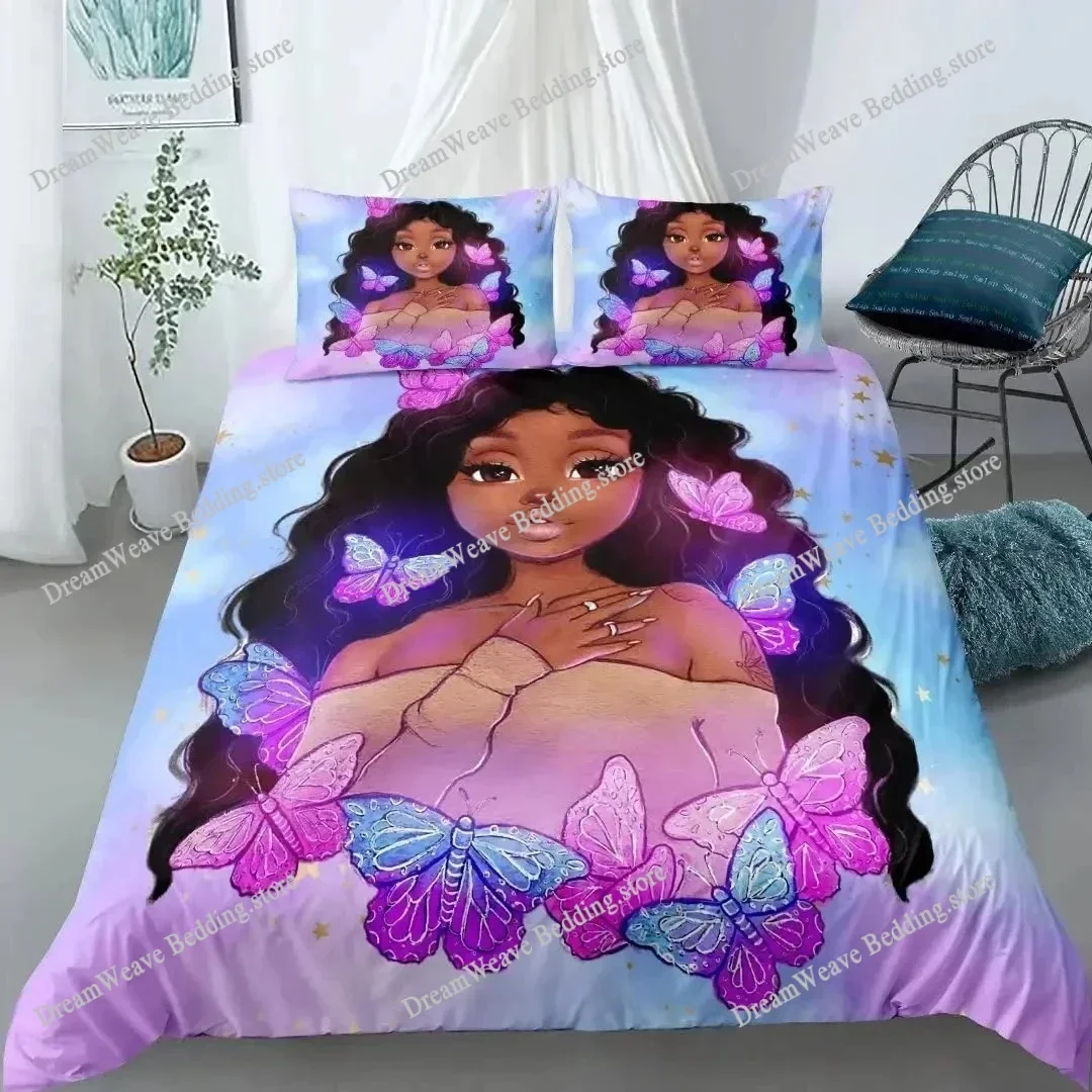American Black Girl Duvet Cover Set,Black Girl Magic Bedding Set Full Size,Cute Little Afro Black Princess Comforter Cover Sets9
