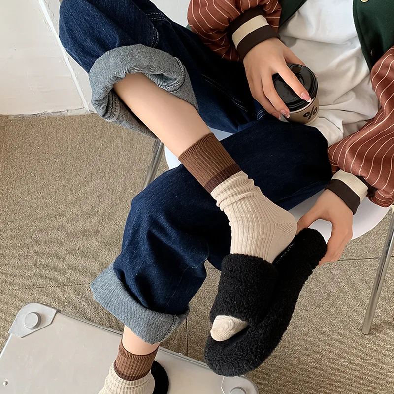 Contrast colored socks, women\'s high top pile up socks, Korean version of spring/summer cotton socks