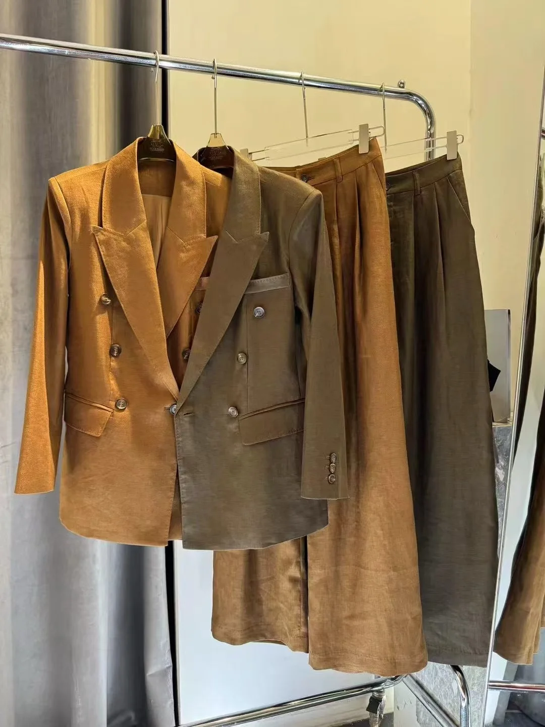 Double Breasted Linen Blazer & Wide Leg Tailored Pants Two-Piece Suit for Women