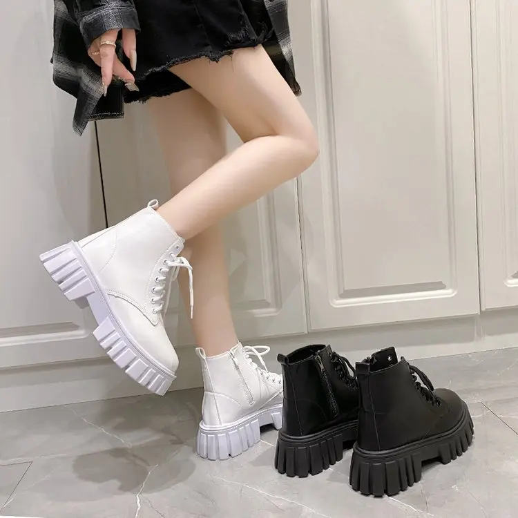 

2025 White New Women Ankle Boots Autumn Winter Platform Zipper Women Punk Boots Thick Sole Lace Up Booties Female Mujer