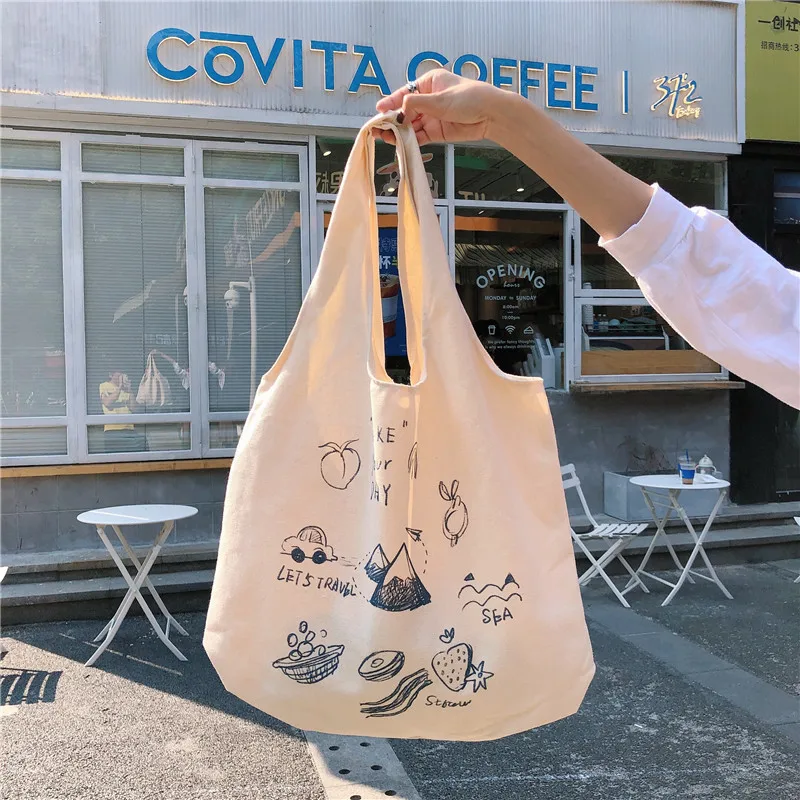 

Single Shoulder Hand-held Canvas Bag Cute Cartoon Illustration Tote Bag for Women Student Trendy Bag