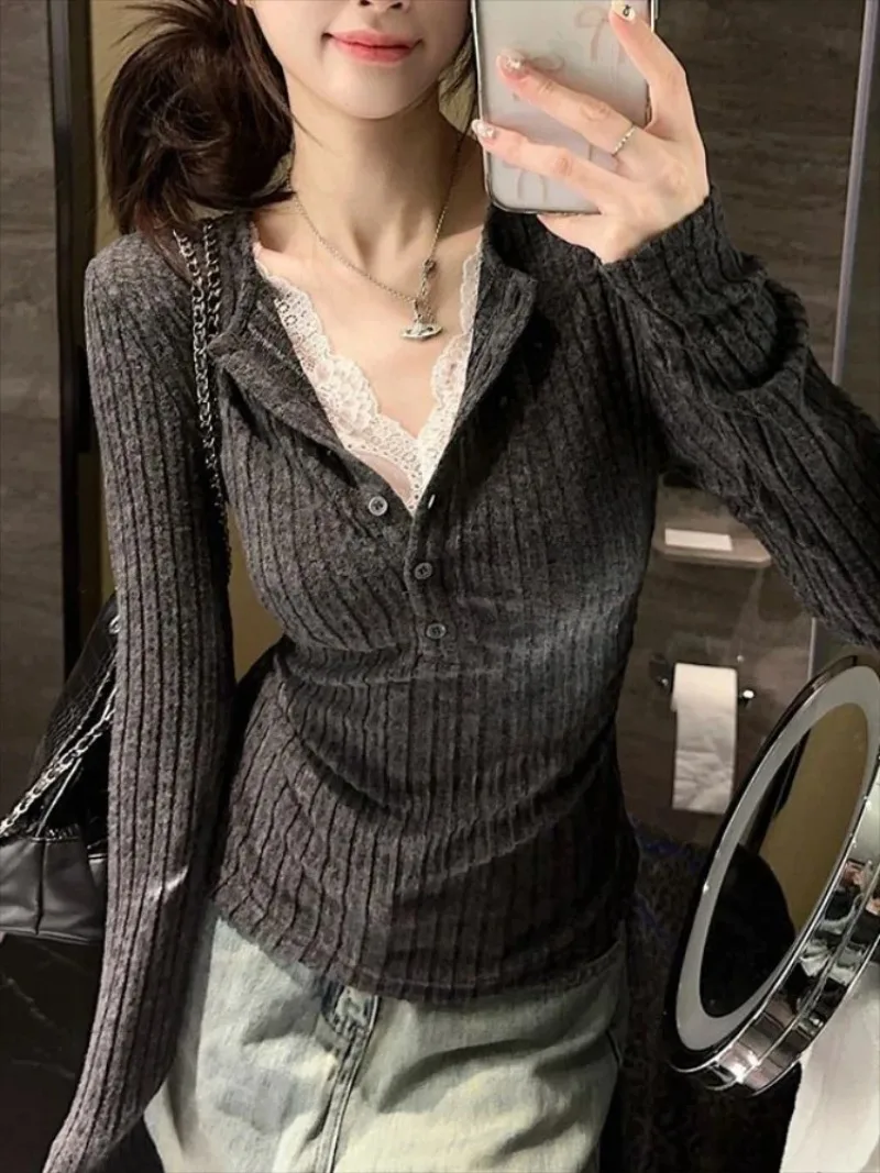 Slim Aesthetic Women Knit Top Fake Two Piece V Neck Long Sleeve T-shirt Vintage Lace Patchwork Daily Casual Basic Base Shirt