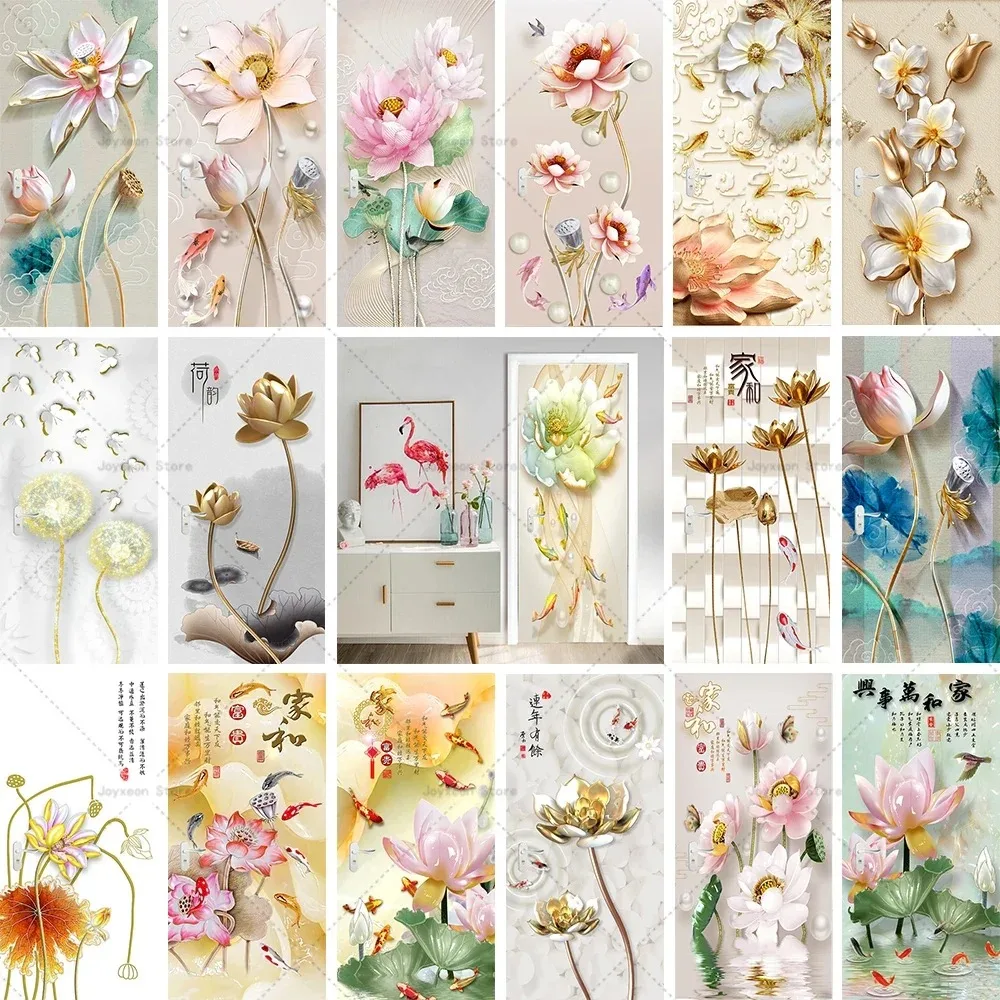 Chinese Lotus Style Door Sticker Home Living Room Porch Decoration Mural PVC Vinyl Peel and Stick Door Mural Cover Closet Decor
