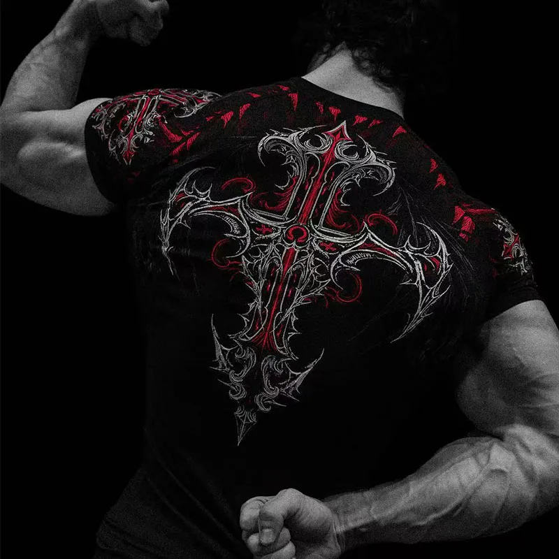 Men Quick Dry Compression Tee Gothic Red Cross Wings Back Print T-shirt Gym Bodybuilding Workout Short Sleeve Sports Shirt top