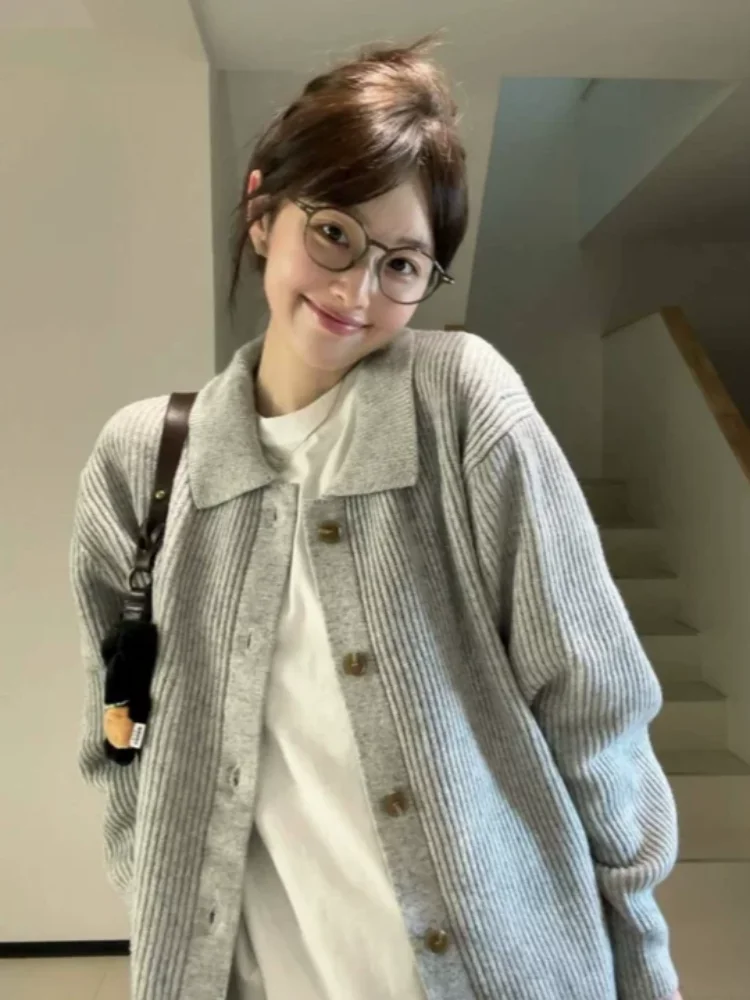 

2025 autumn and winter spicy girl gray casual collar knitted cardigan sweater Y2K Harajuku retro spicy girl top
