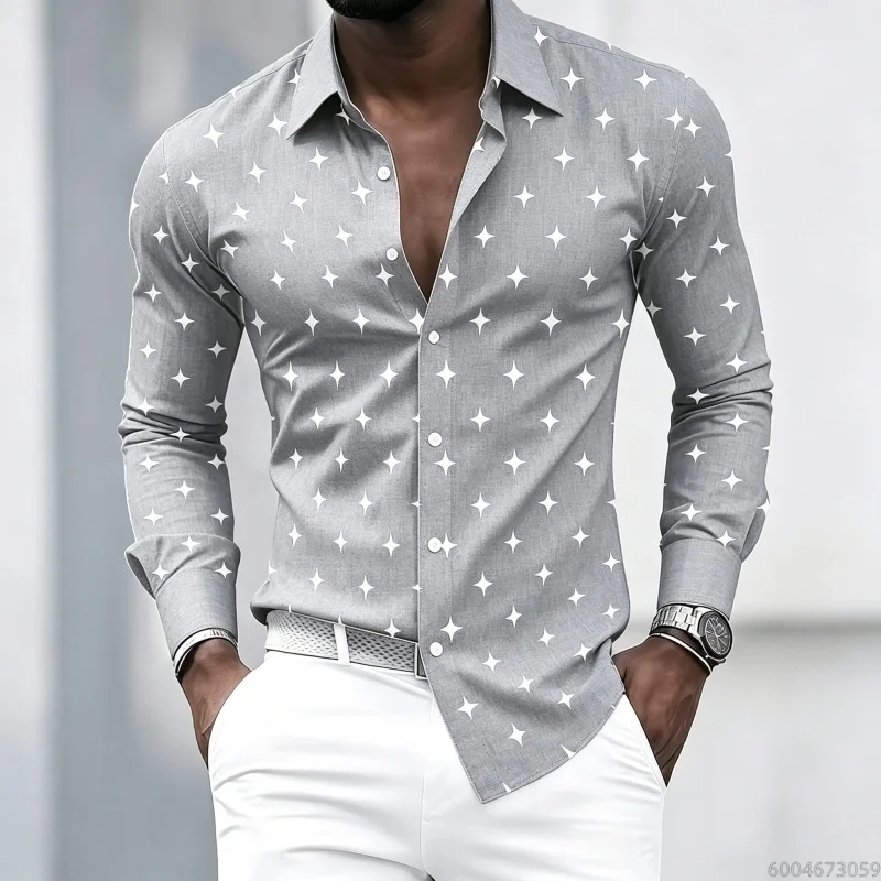 Men's collared long-sleeved shirt, classic black base with white star print, slim fit, suitable for commuting and going out.