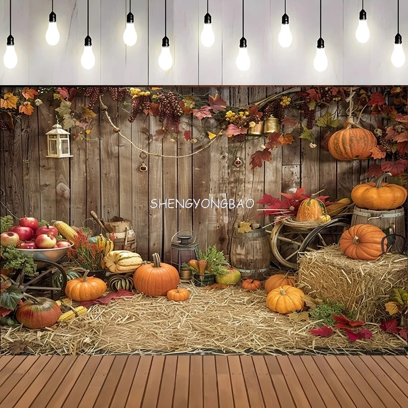 

Halloween Day Autumnal Pumpkins Photography Backdrops Props Maple Leaf Scarecrow Farm Harvest Thanksgiving Background RR-19