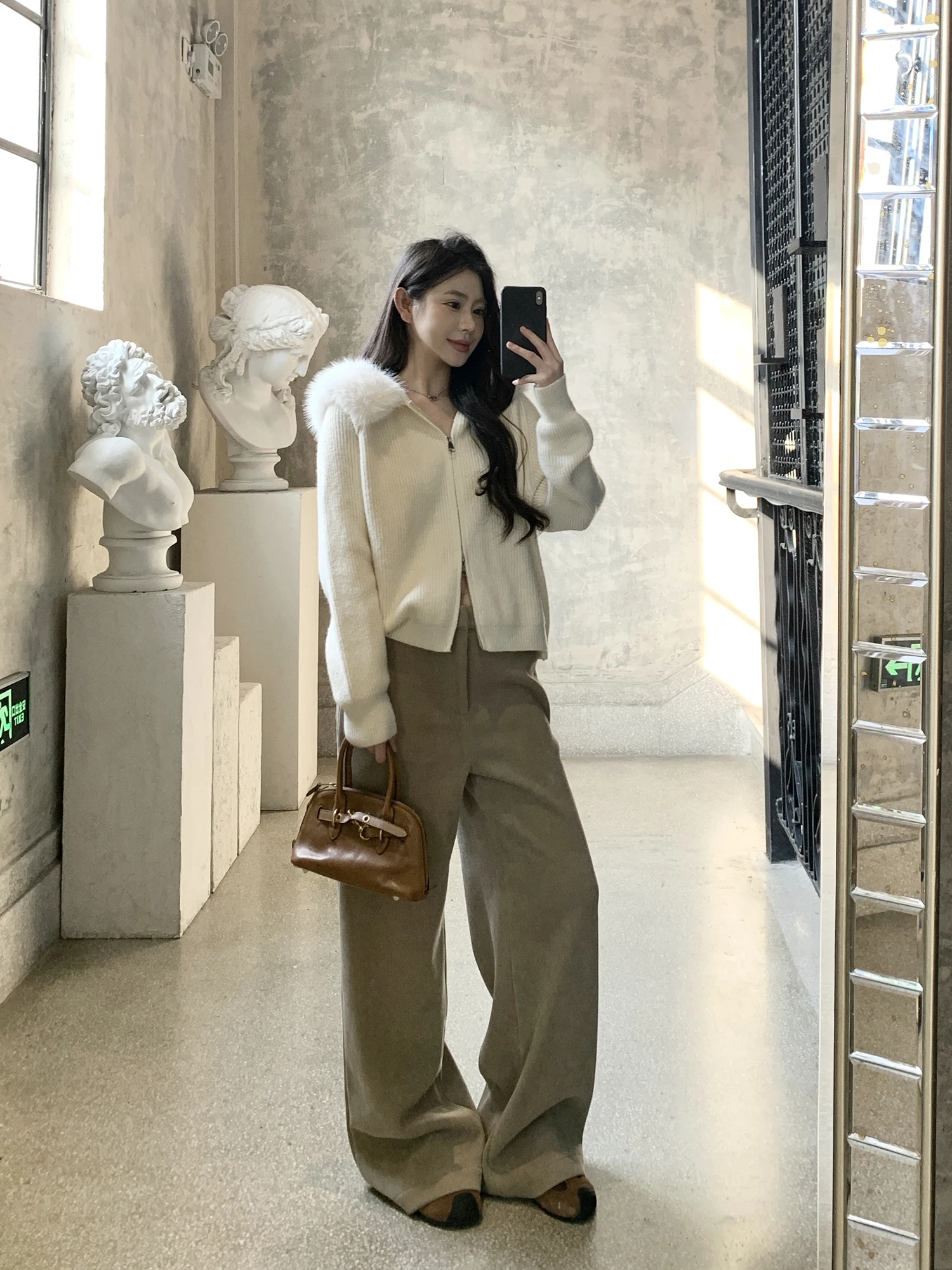 

Женский зимний вязаный кардиган-свитер на молнии с мехом, свободный, повседневный, для офиса, стройнящий, слим-фит