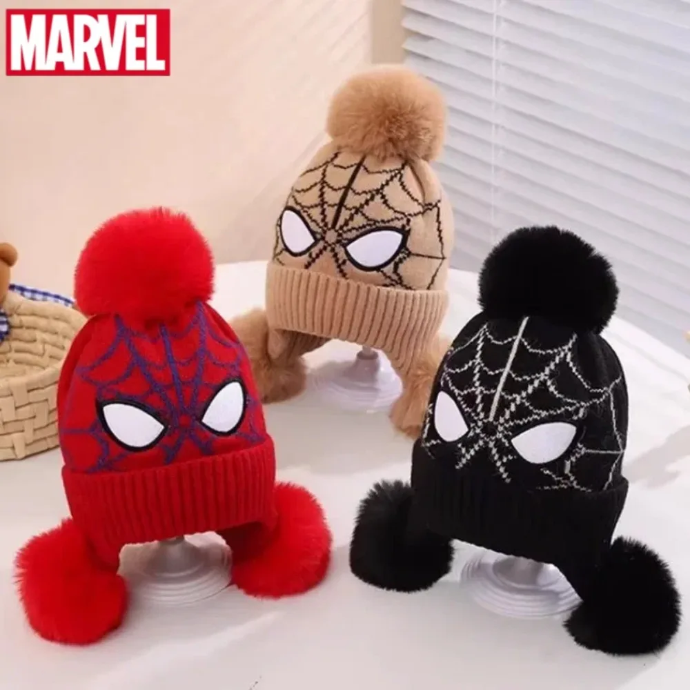 

Marvel Spider-Man Cute Cartoon Knit Hat for Kids Winter Warm Three Pompoms Earflap Beanie Fashion Boys Girls Toddler Cotton Cap