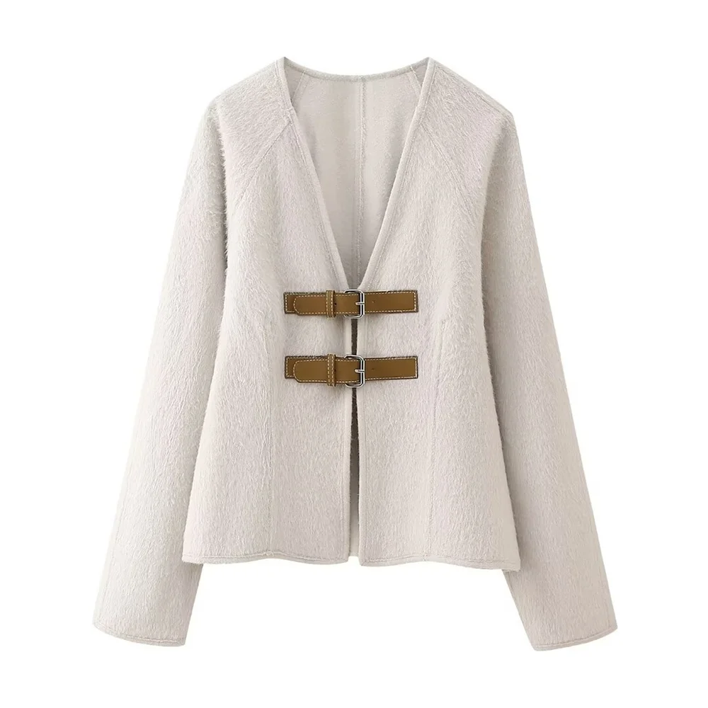 2024 Women\'s Fashion New Strap Decoration Soft V-neck Design Coat