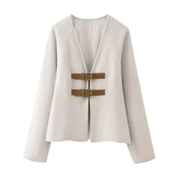 2024 Women's Fashion New Strap Decoration Soft V-neck Design Coat