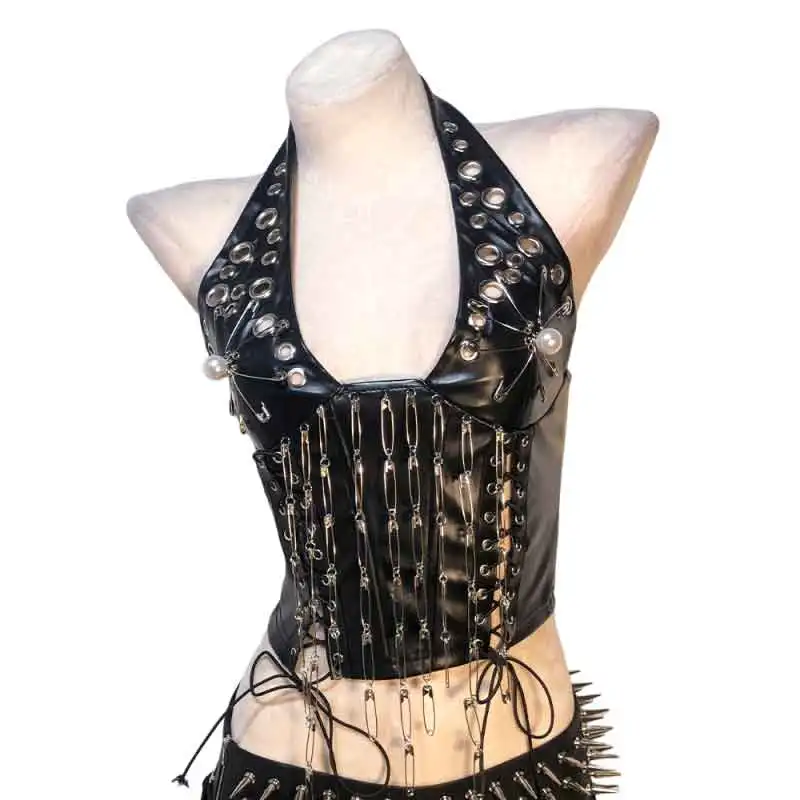 Goth Tops Emo Clothing Spikes Punk Rock Clothes Gothic Tank Women's Festival Rave PU leather Black Grunge Pin Y2K T-shirt