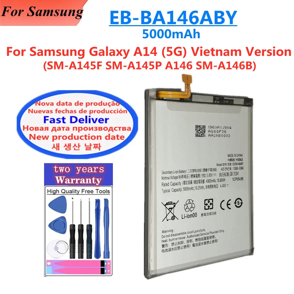 Neuer EB-BA146ABY 5000mAh Akku für Samsung Galaxy A14 5G Vietnam Version A146 SM-A146B SM-A145F SM-A145P Telefonbatterien + Werkzeuge
