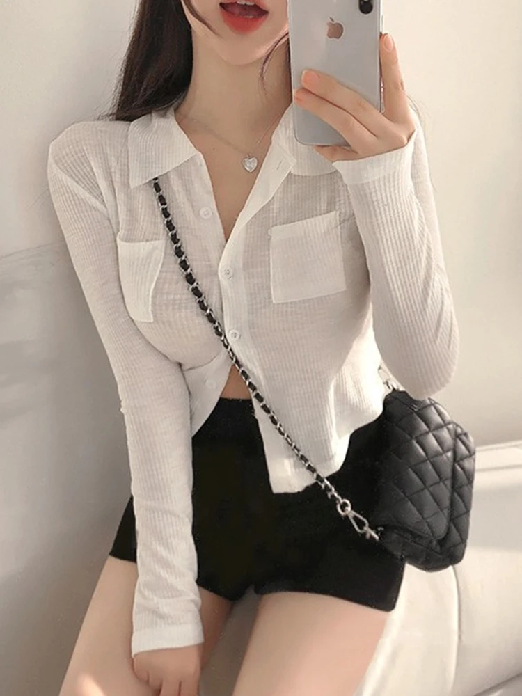 

Tee Shirt Femme Cardigan Turn-down Collar Tops Pockets Long Sleeve T Shirt Women 2022 Summer Slim Cotton Crop Top Korean Clothes