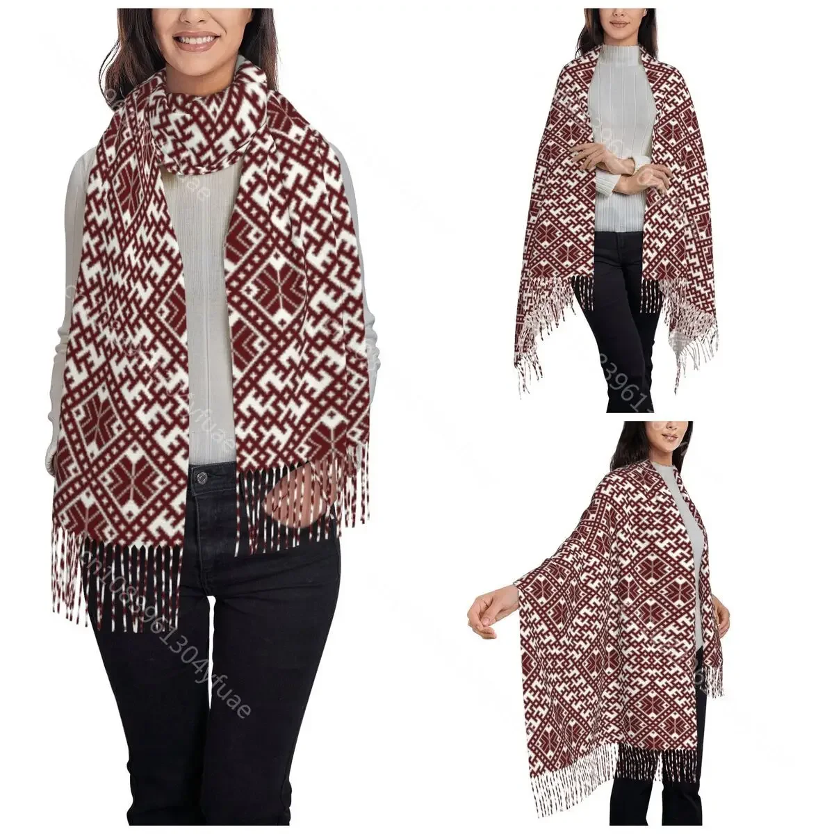 Women's Tassel Scarf Traditional Nordic Folk Design Large Winter Fall Shawl and Wrap Latvian Pattern Daily Wear Pashmina Scarves