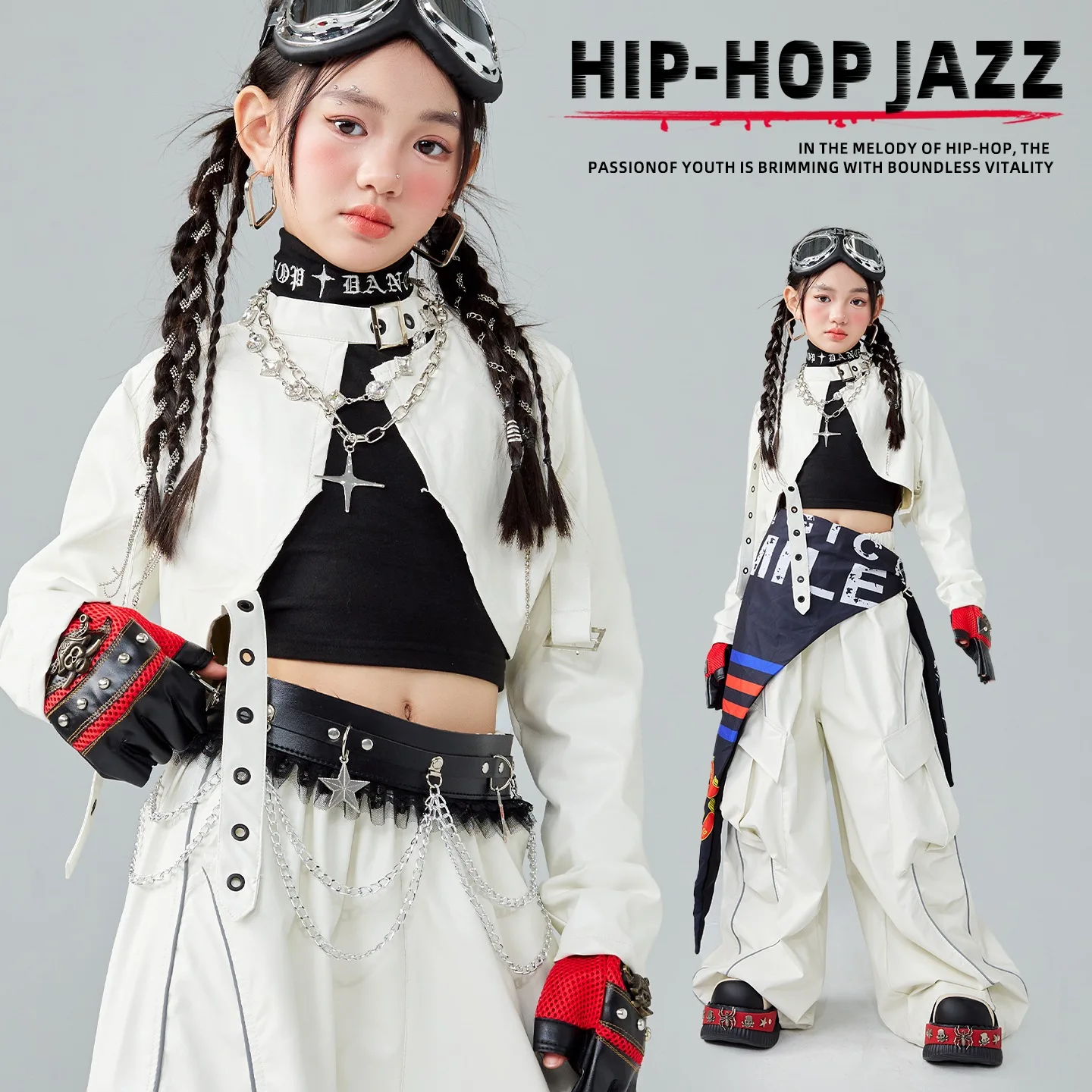 

Белый кожаный костюм для джазовых танцев в стиле K-pop, одежда для выступлений в стиле хип-хоп для девочек, короткие топы, брюки-карго, детский костюм для уличных танцев BL18300