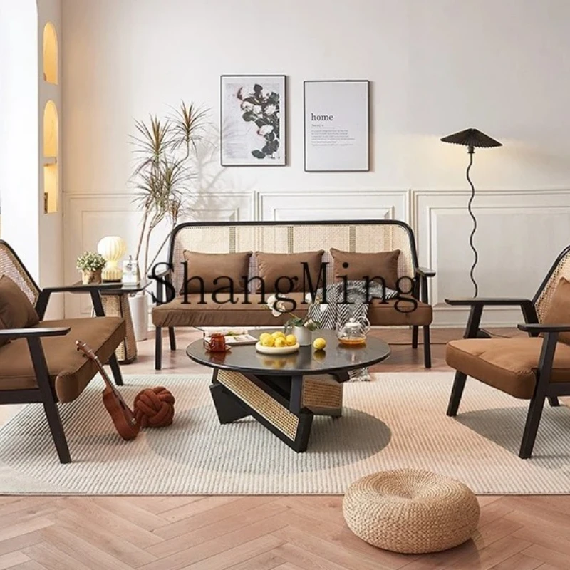 FG solid wood sofa combination household living room small apartment rattan sofa modern simple three person