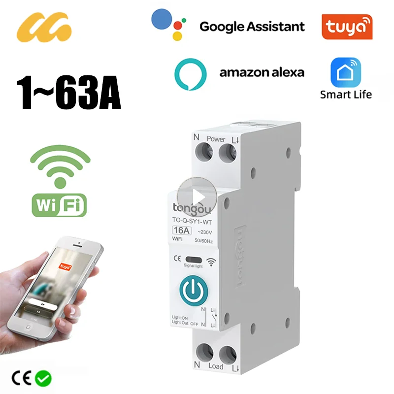 Smart Circuit Breaker Power Metering 1P 63A DIN Rail For Smart Home Wireless Remote Control Smart Switch By APP TONGOU TUYA WIFI