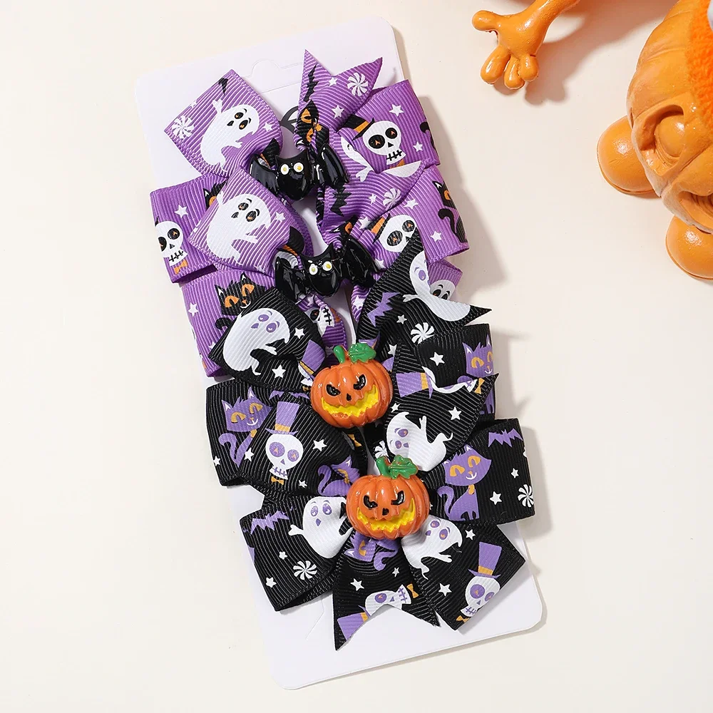 4 teile/satz Halloween Cheer Bow Haars pange für Kinder lustige Kürbis Haarnadel Band Bowknot Haars pange Mädchen Kopf bedeckung Haar Zubehör – Detail 18