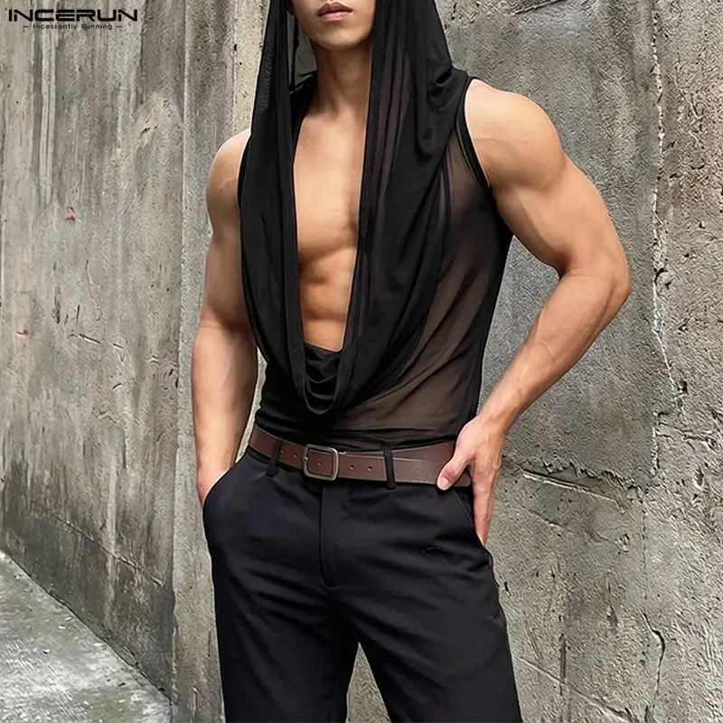 INCERUN Men Tank Tops Mesh See Through Solid Color Vests For Man Streetwear Summer Sleeveless Sexy Tops Menswear Clothing S-3XL