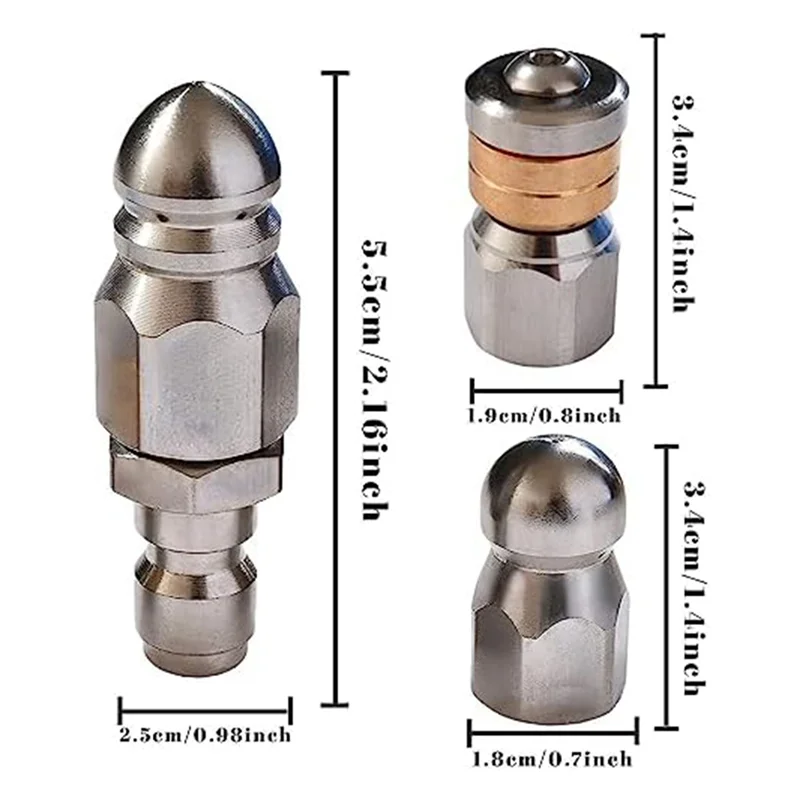 Buse de jet d'égout en acier inoxydable antarctique, bouton rotatif, nettoyeur haute pression 1/4 pouces, 3 pièces